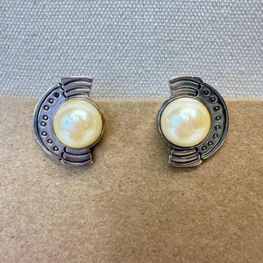 Art Deco Sterling Silver‎ Earrings Marked Mexico Faux Pearl Half Moon
